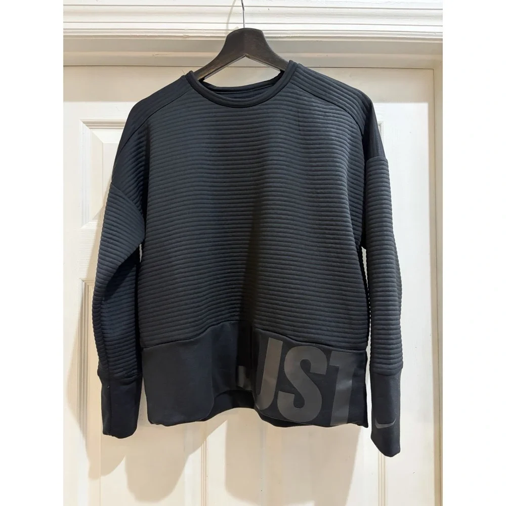 Nike Dri-FIT Ribbed Crewneck Sweatshirt Black Just Do It Logo Women's S
